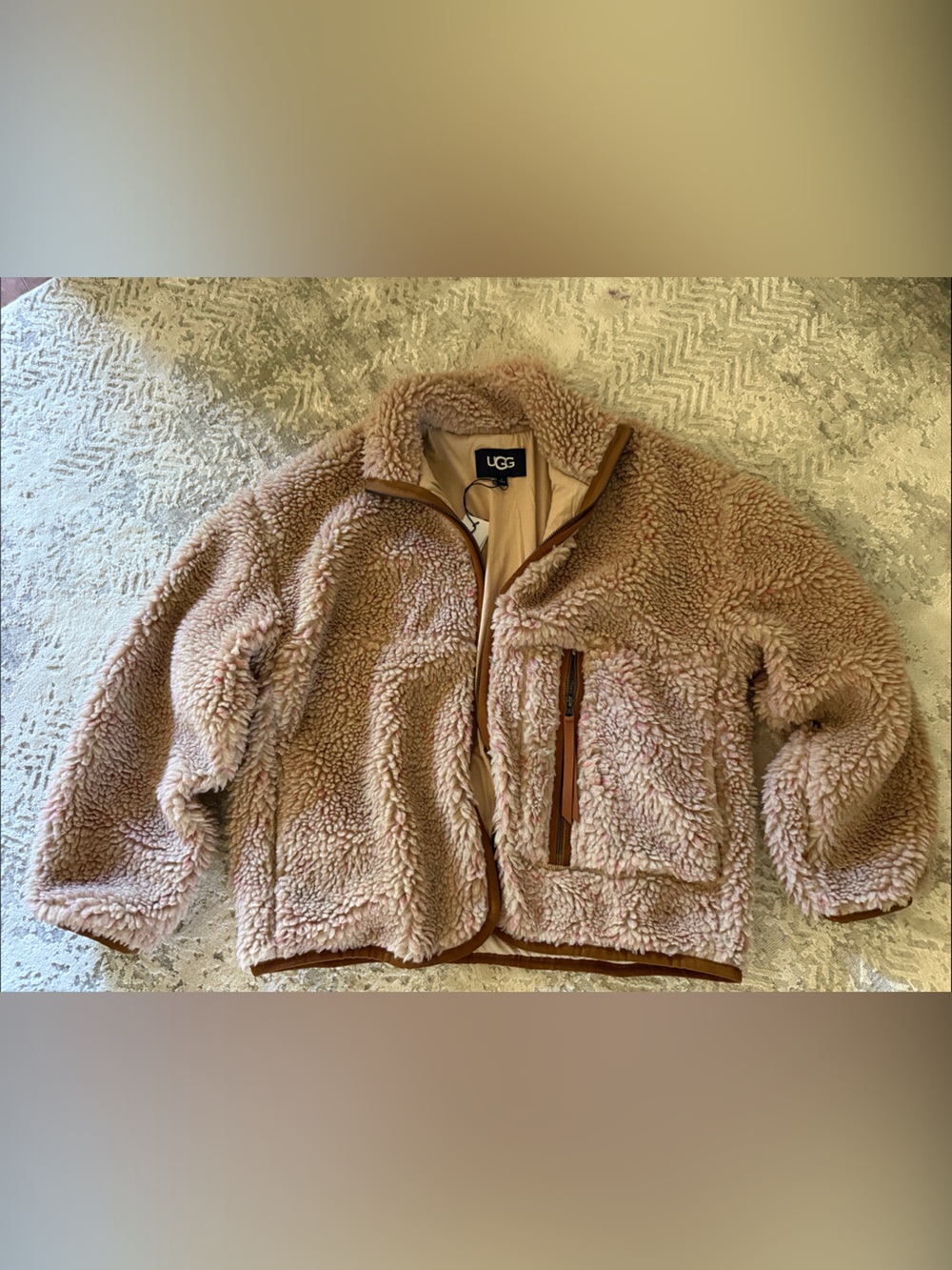 UGG Blush Teddy Fleece Zip-Up Jacket with Tan Trim